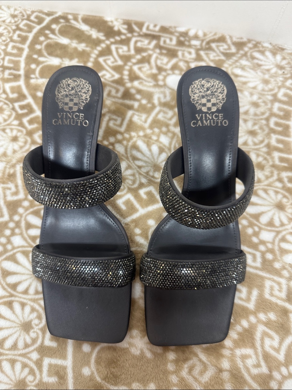 Vince Camuto Black Rhinestone Double-Strap Slide Heels